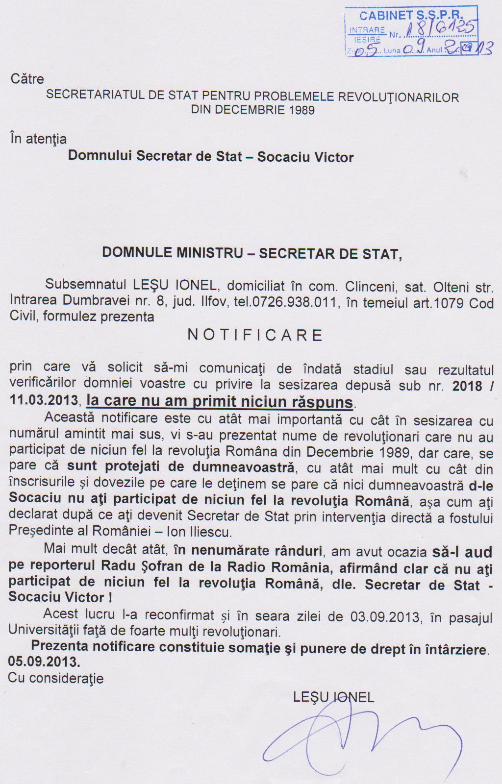 Notificare SSPR Ionel Lesu