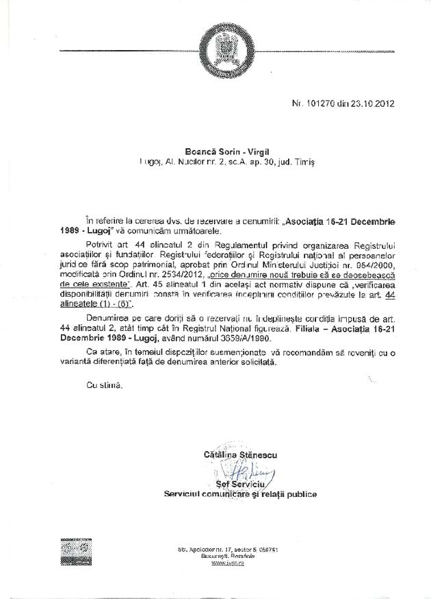 Raspuns Minister Justitie